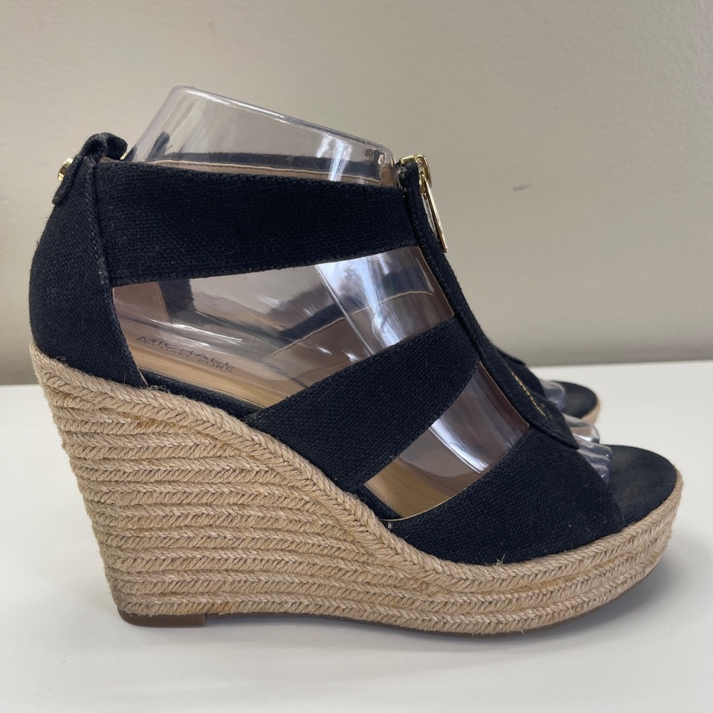 Michael Kors Linen Espadrille Wedge Sandals 8 Damita Black Zip Platform Designer